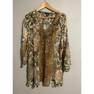 Vintage Womens Tunic Plus One Size Floral Beaded Sequin Sheer Glitter Boho Y2K